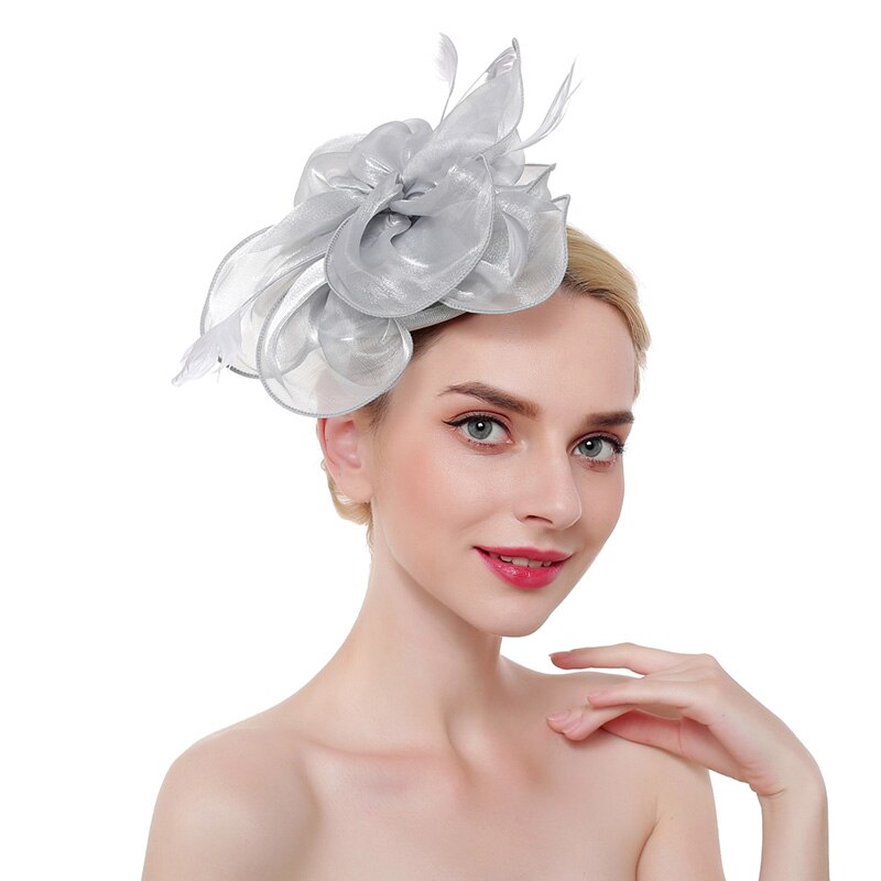 Fascinateur avec bandeau plume fleur pilulier chapeau pour femmes Cocktail rose: Gray Cocktail Hat