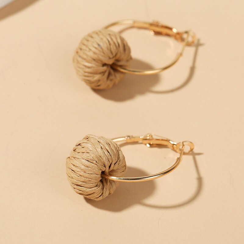 Simple Female Trendy Woven Vine Rattan Straw Earrings For Women Bohemian Boho Metal Round Circle Dangle Earring Jewelry