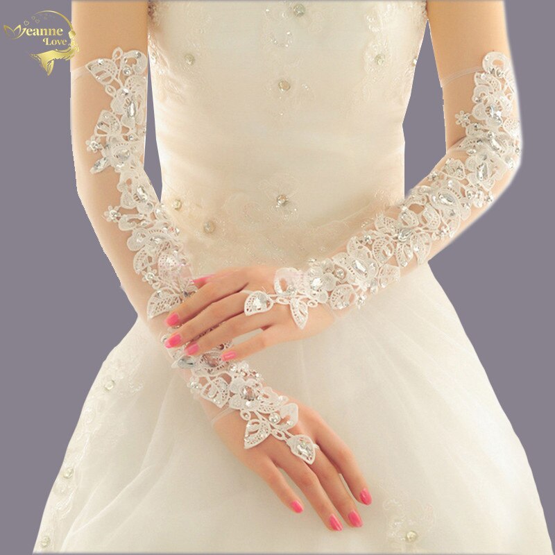 Luva De Noiva Lange Opera Lengte Bruiloft Handschoenen Voor Bruid Vingerloze Crystal Blingbling Kant Bruids Handschoenen Bruiloft Accessoires