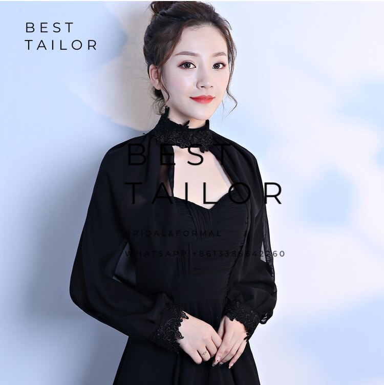 Kleuren beschikbaar! ivoor chiffon bruidsjassen bolero bruidsmeisjesjurken hoge hals split lange mouwen bruiloft accessoires: Zwart