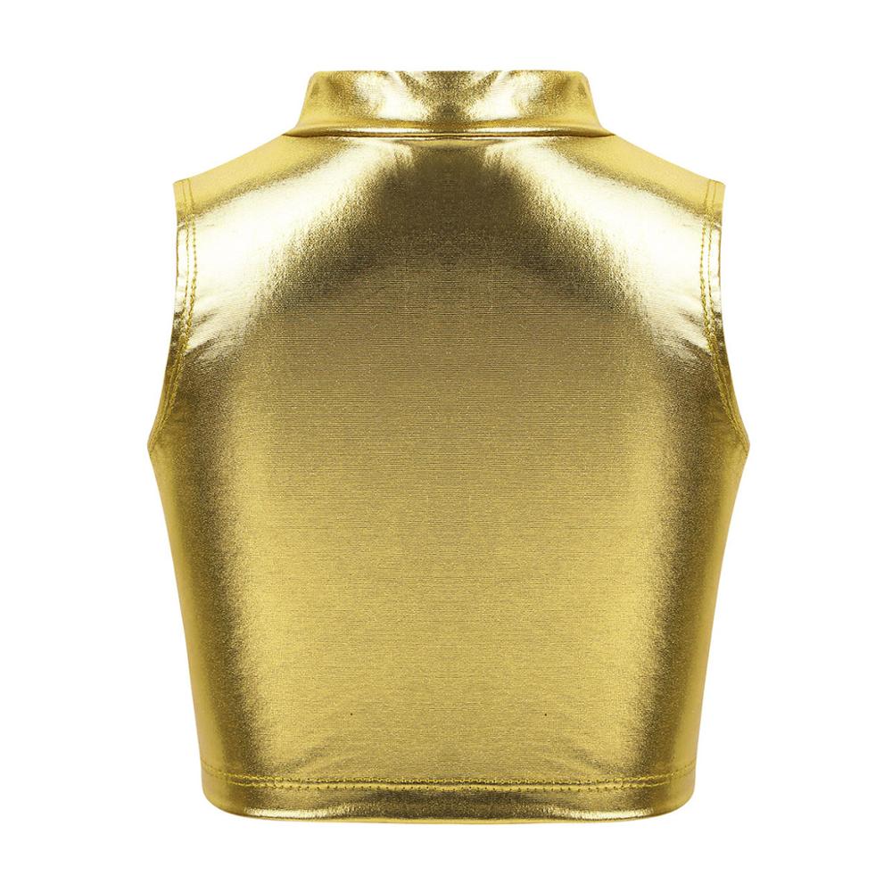 Barn tonåringar ärmlös turtleneck metallisk balett gymnastik crop tops barn flickor jazz performance dans klädsel kostym