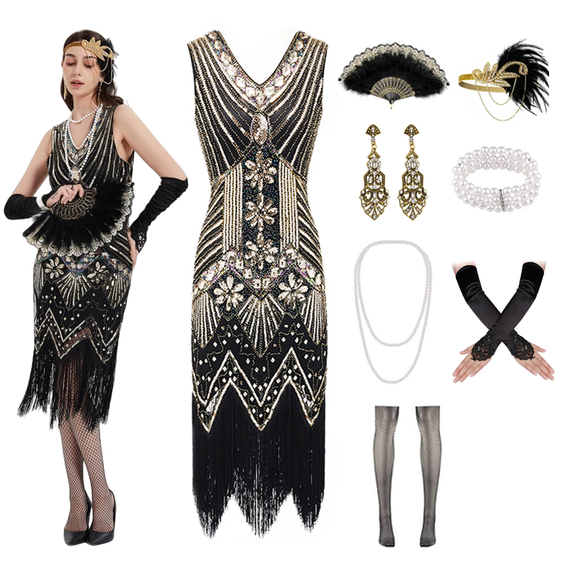 1920er-Jahre-Flapper-Kleider für Damen, Fransen-Pailletten, tolles Gatsby-Kleid für Damen mit 20er-Jahre-Accessoires, Roaring 20s-Kostüm: XXXL / Blau