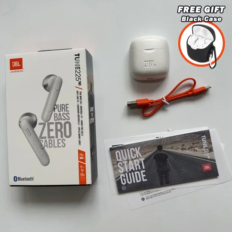 Original JBL Tune 225TWS auriculares inalámbricos Bluetooth verdaderos auriculares estéreo auriculares con sonido de graves T225 TWS con cubierta gratis: Blanco