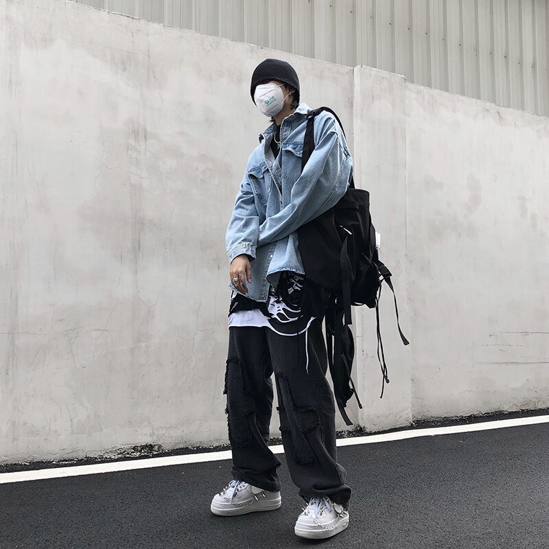 UNCLEDONJM Jeans Patch pocked cargo pants men jeans Hipster Casual Loose Punk Rock Trousers Pants ED937