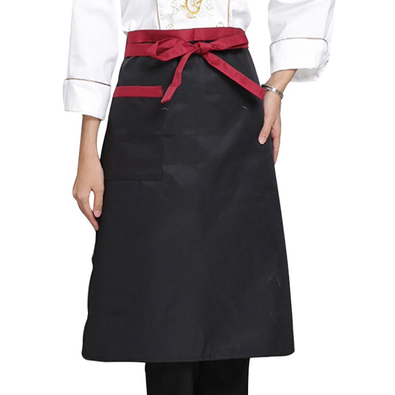 Kokkeforklæde uniformsforklæder til hotelrestaurant halvtalje tjenerforklæde med lommer justerbar køkken kokkeforklæde madservice: Rød kant