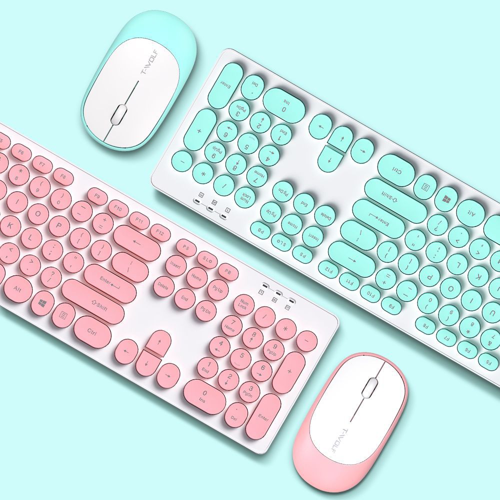 Thunder Wolf TF770 Wireless Keyboard and Mouse Set Punk Round Keycap Pink Girl Wireless Keyboard and Mouse for PC Laptop Office