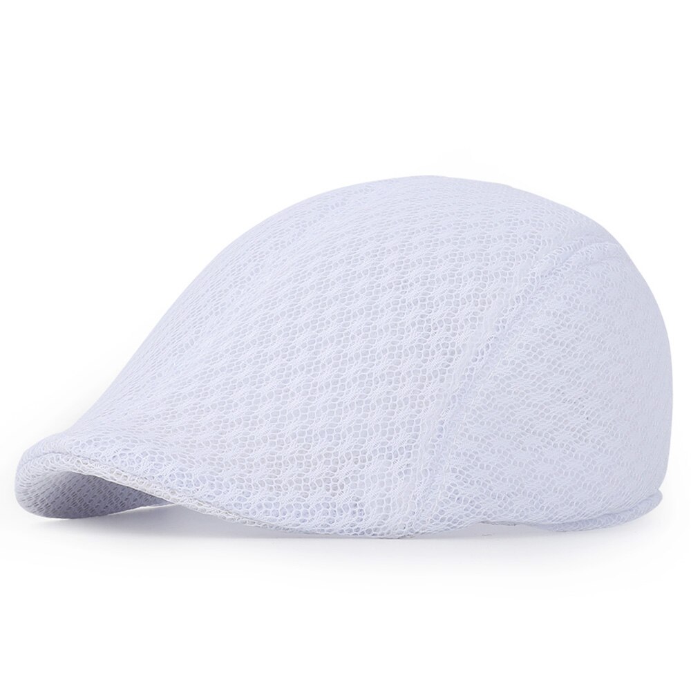 Unisex beret casual hat flat top breathable mesh hat summer solid color black white hat peaked cap sun hat: White