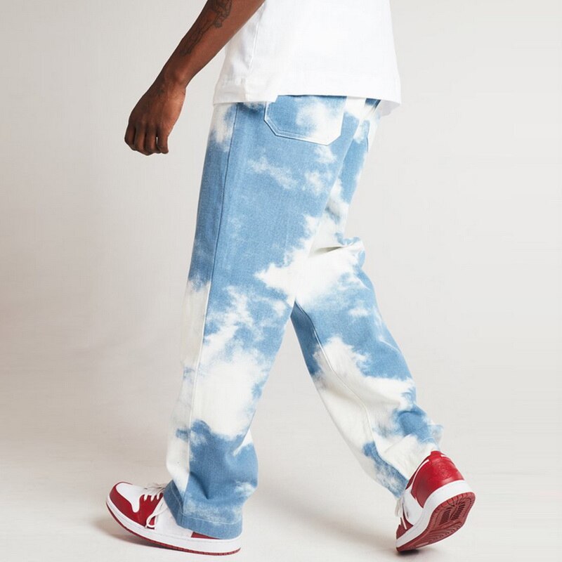 Men Casual Loose Straight Denim Pants Tie Dye Print Sky Blue Long Trouser Straight Jeans Button Fly Full Length High Cn(origin)