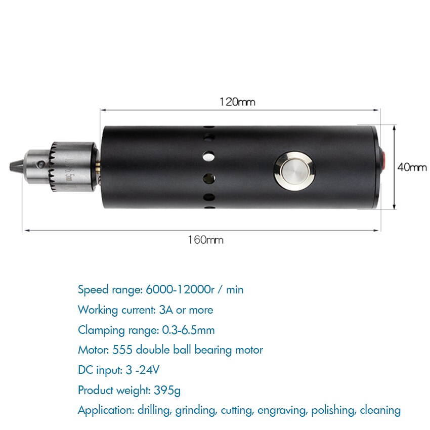 Elektrische Mini Bohrer 0,3-6,5mm 3V-24V rotierend Werkzeug Bausatz Variable Geschwindigkeit mit Selbst-schloss Schalter, kühlung Löcher, für Schleifen, Schneiden