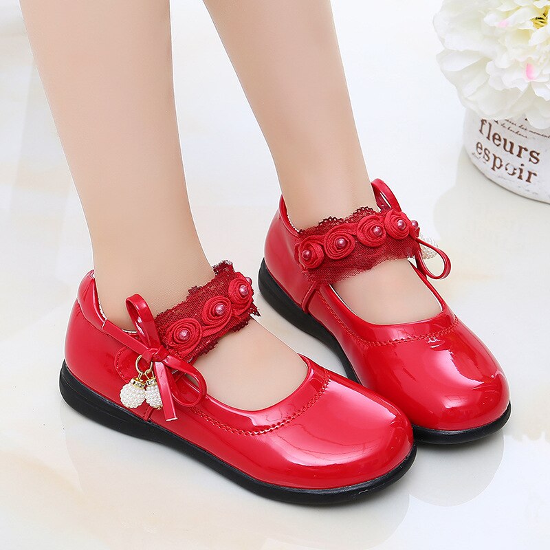 Princess Flowers Bow Little Girl Dress Big Kids Bead Leather Shoes Children'S Wedding Party Shoes 3 4 5 6 7 8 9 10 11 12