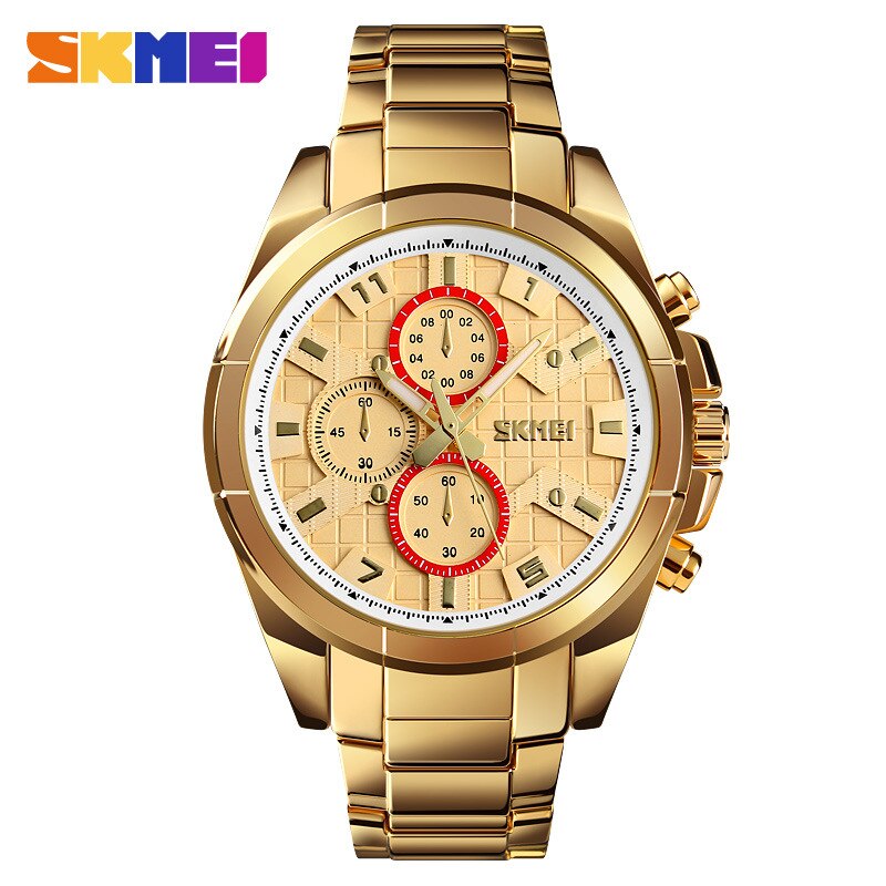 SKMEI1378 Mannen Casual Quartz Horloge Decoratieve Kleine Plaat Eenvoudige Rvs Horloge: Goud