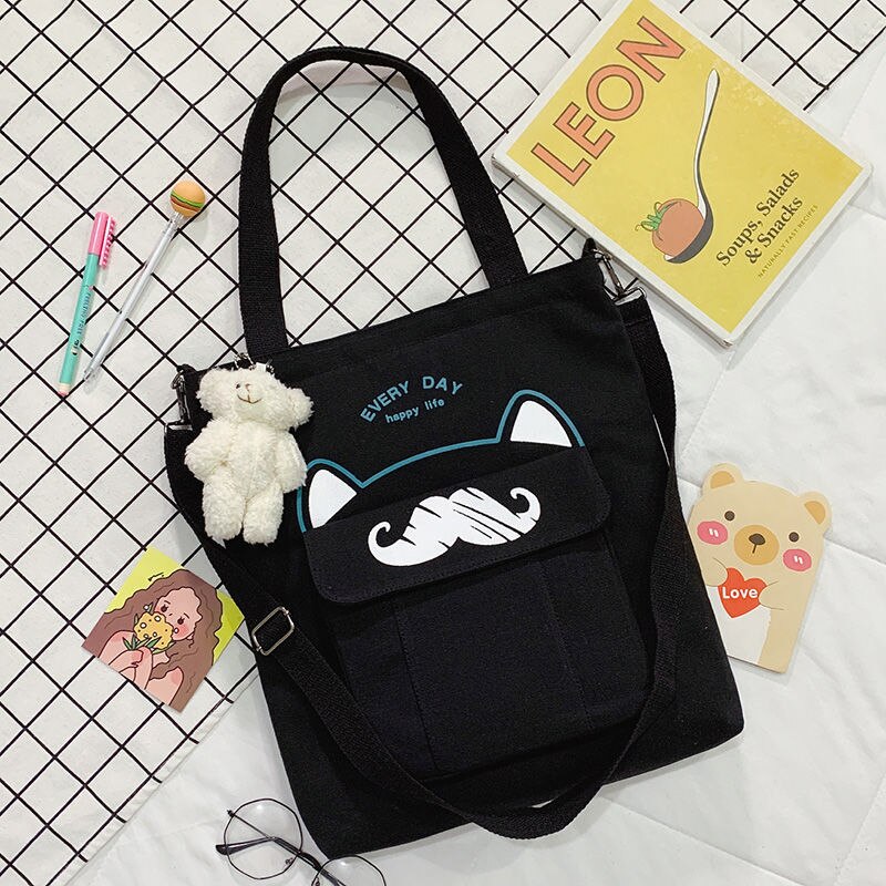 Grote Capaciteit Canvas Tas Schooltas Wilde Vrouwen Crossbody Tassen Cartoons Vrouwen Handtassen Schoudertassen Snor Tote Boodschappentas: Black with Bear