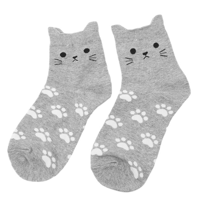 5 Pairs Leuke Harajuku Vrouwen Sokken Set Cartoon Print Katten Poot Patroon Katoenen Sokken Met Kat Oren Voor Vrouwen herfst Sokken: Gray