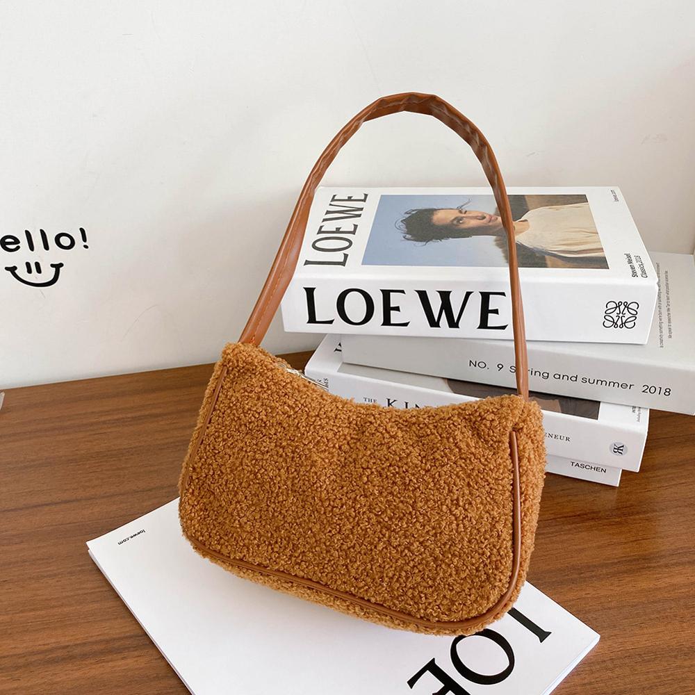 Autumn Winter Female Square Tote bag Woolen Women's Handbag Ladies Underarm Shoulder Bags: Brown