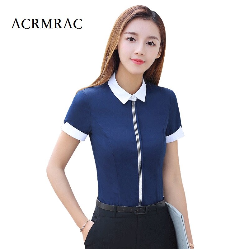 ACRMRAC frauen Hemden Neuen stil Sommer kurzarm Patchwork Dünnes drehen-unten Kragen Geschäft OL Formale Blusen & Hemden