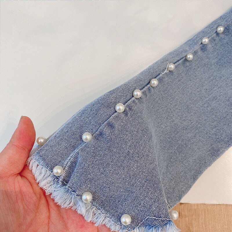 Children Kids Denim Jeans Faux Pearls Beading Full Length Trousers Girls Casual Flare Boot Cut Pants