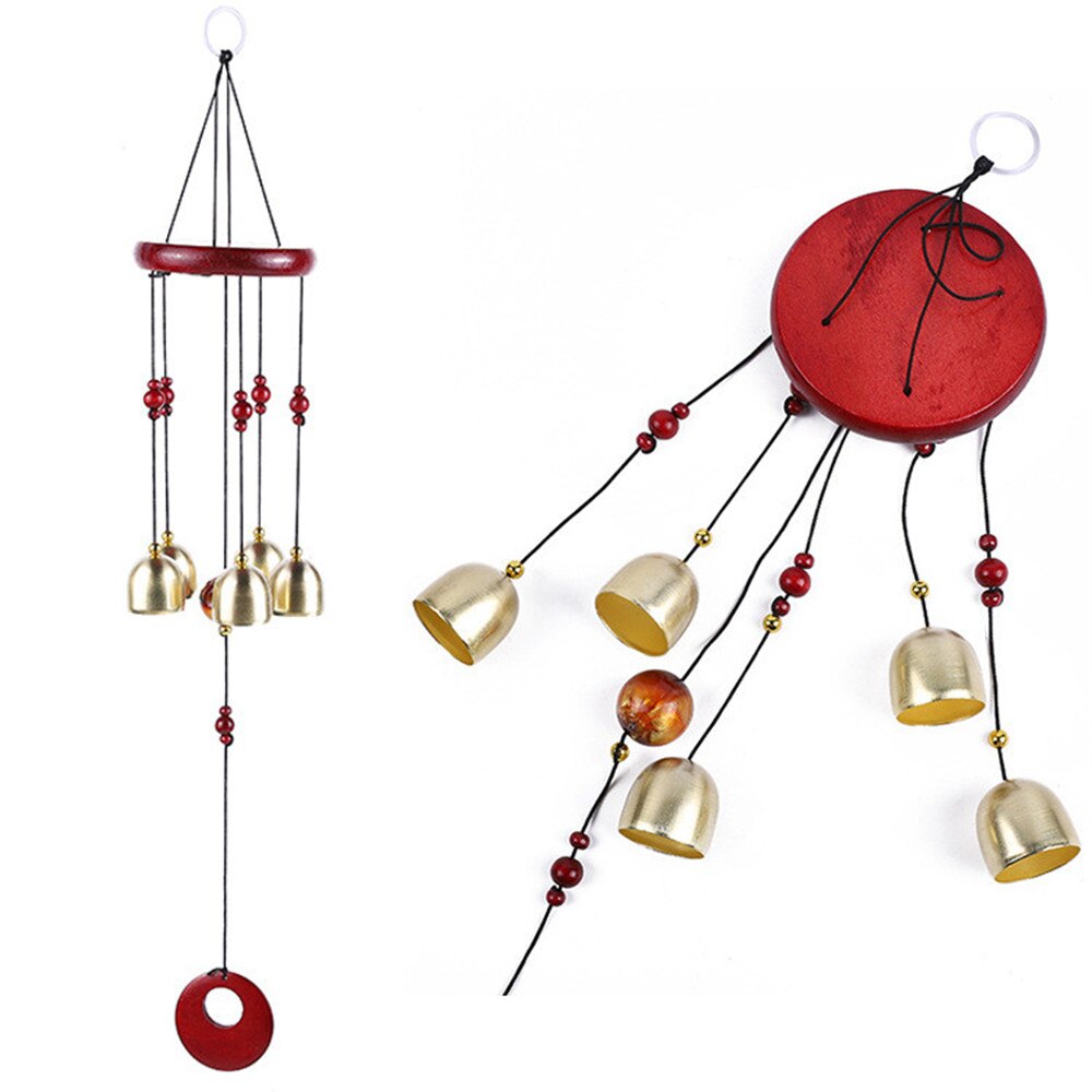 1pc massivt trä vind chimes mahogny rund platta 5 koppar klockor trä ornament dörr hängande innergård balkong hängande