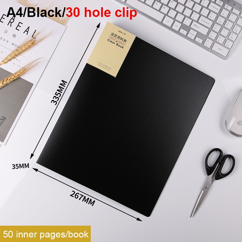 Loose Leaf Folder A3/A4/B5/A5 Transparent Detachable Folder Inner Core Document Bag Picture Storage Collection Book: A4 Black 30 holes