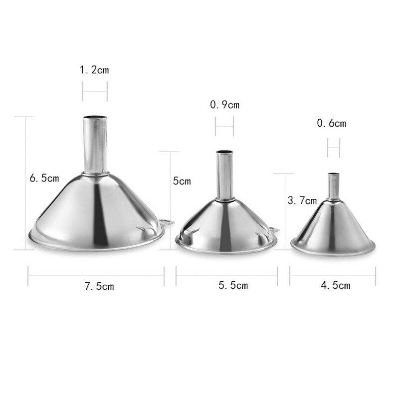 Juego de embudo pequeño de acero inoxidable 3 piezas Transferencia de aceites esenciales líquido filtro embudo para herramientas de cocina del hogar