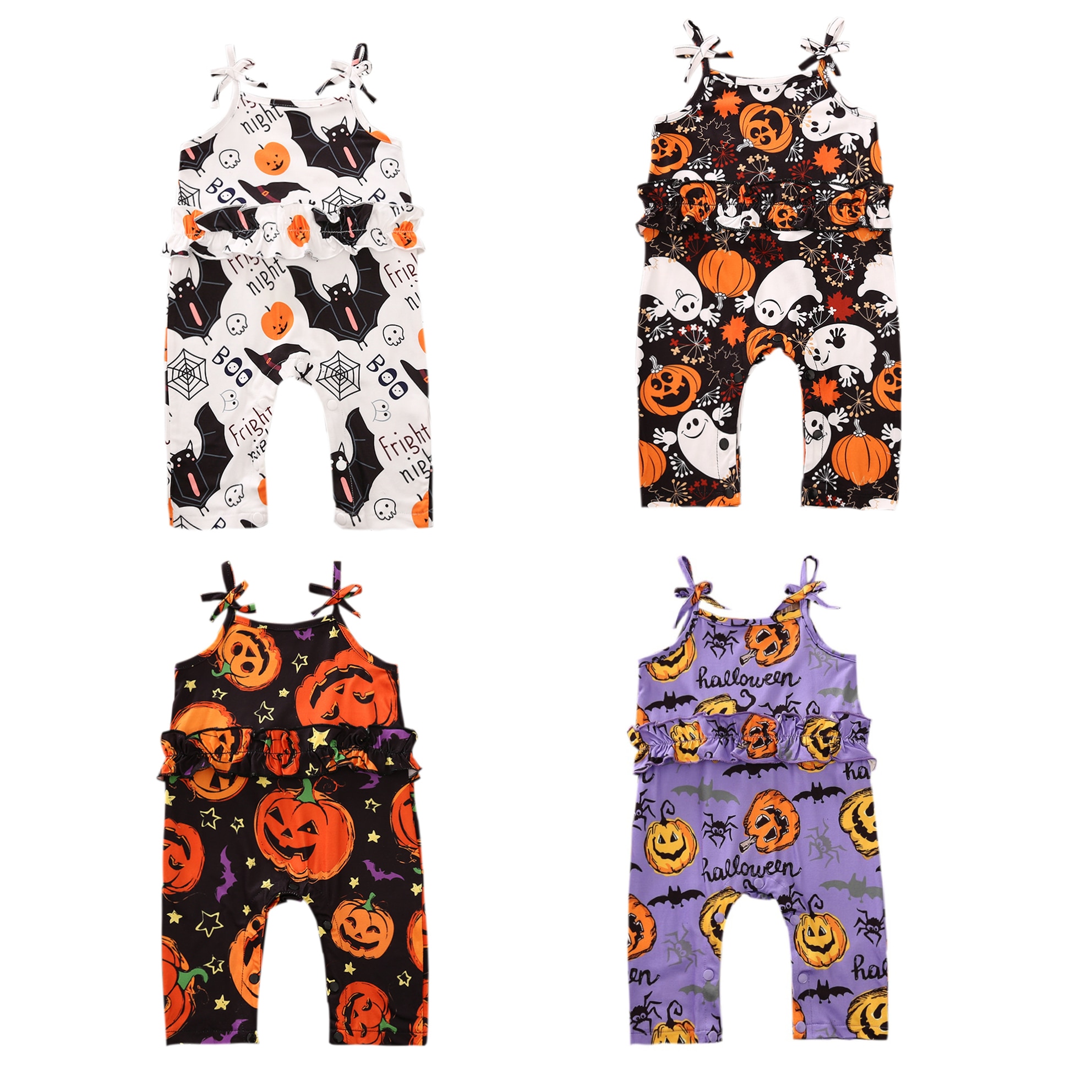 Fokusnorm halloween låve baby jenter takrenne rompers gresskar skrive ut ermeløse kausal jumpsuits 0-24m 4 stil