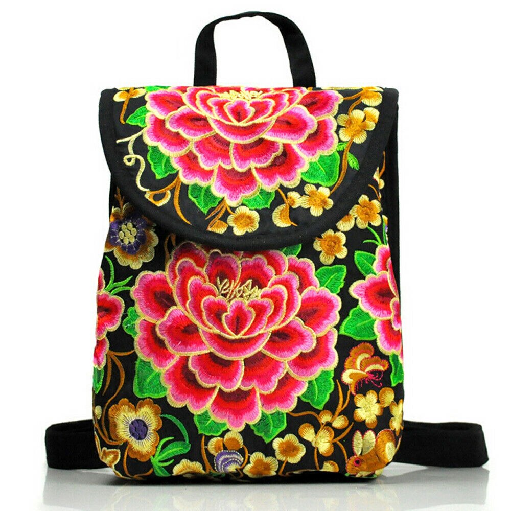 Vintage ethnic style backpack embroidery flower backpack travel shoulder bag: Red / Large