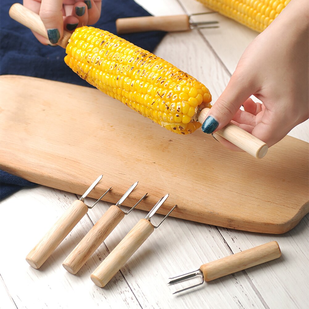 2/4/8PCS Corn On The Cob Holders Stainless Steel BBQ Prongs Skewers Forks With Wooden Handle Barbecue Accessories Kitchen Tool