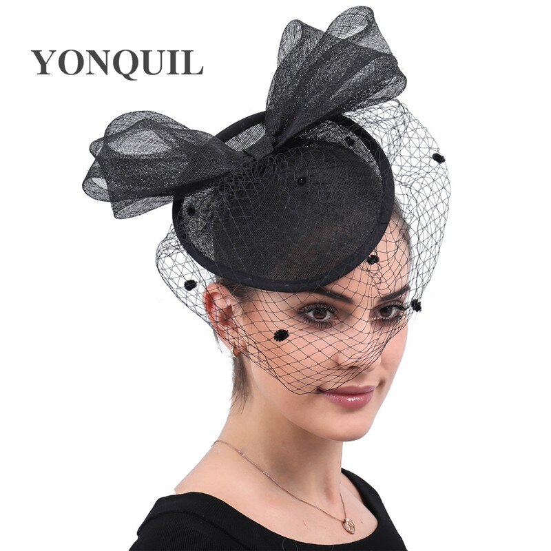 Fancy Grote Boog Haar Mesh Tovenaar Zwarte Hoed Haarspelden Bruiloft Hoofddeksels Vrouwen Banket Hoofddeksel Formele Veiling Bruid Fedora Cap
