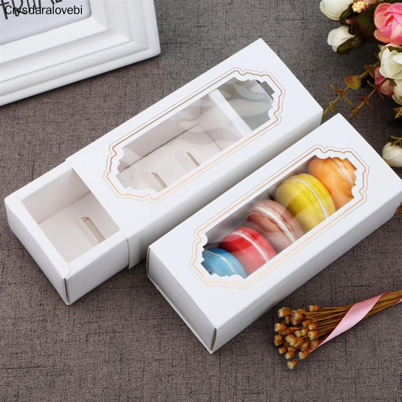 AKOLAFE 50 Stück Macaron-Boxen Für 5-6 Stück - Mit Sichtfenster & Einsatz, Weiß-gold, 15,5x6,6x5,3 Cm - Für Selbstgebackenes & Geschenke