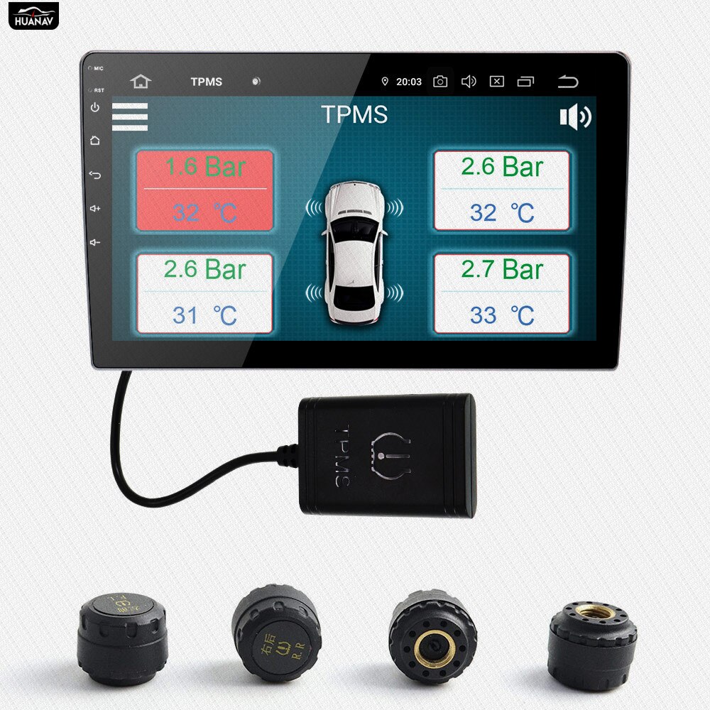 HUANAV USB Android TPMS Tire Pressure Monitoring System Display Alarm System 5V Internal Sensors Navigation Car Radio 4 Sensors