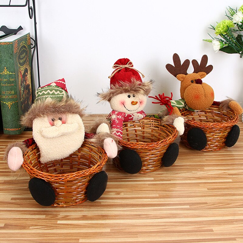 Cesta de mimbre de bambú con adornos navideños para Navidad, cesta bonita de Papá Noel para almacenamiento de dulces, de Navidad