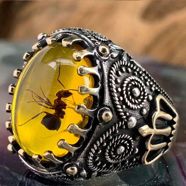 Vintage Grote Ovale Natuurlijke Agaat Ringen Heren Vintage Ingelegd Geel Amber Mier Ringen Voor Bruiloft Sieraden