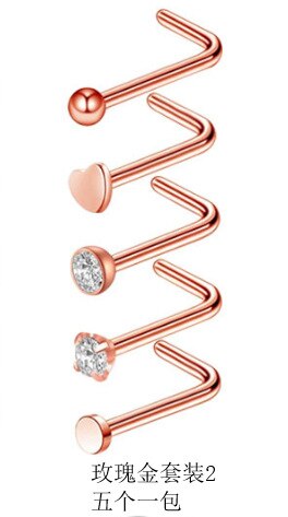 5 Pcs Chirurgisch Staal Hart Ster Zirkoon Neus Schroef Ring L Rose Gold Nose Stud Retainer Houder Piercing Body Sieraden 20G