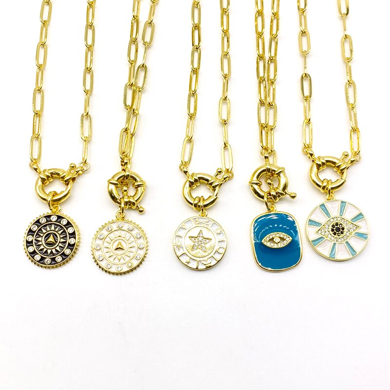 5PCS/lot Brass Enamel Pendants Link Chain Clasps Necklaces Womens Jewelry