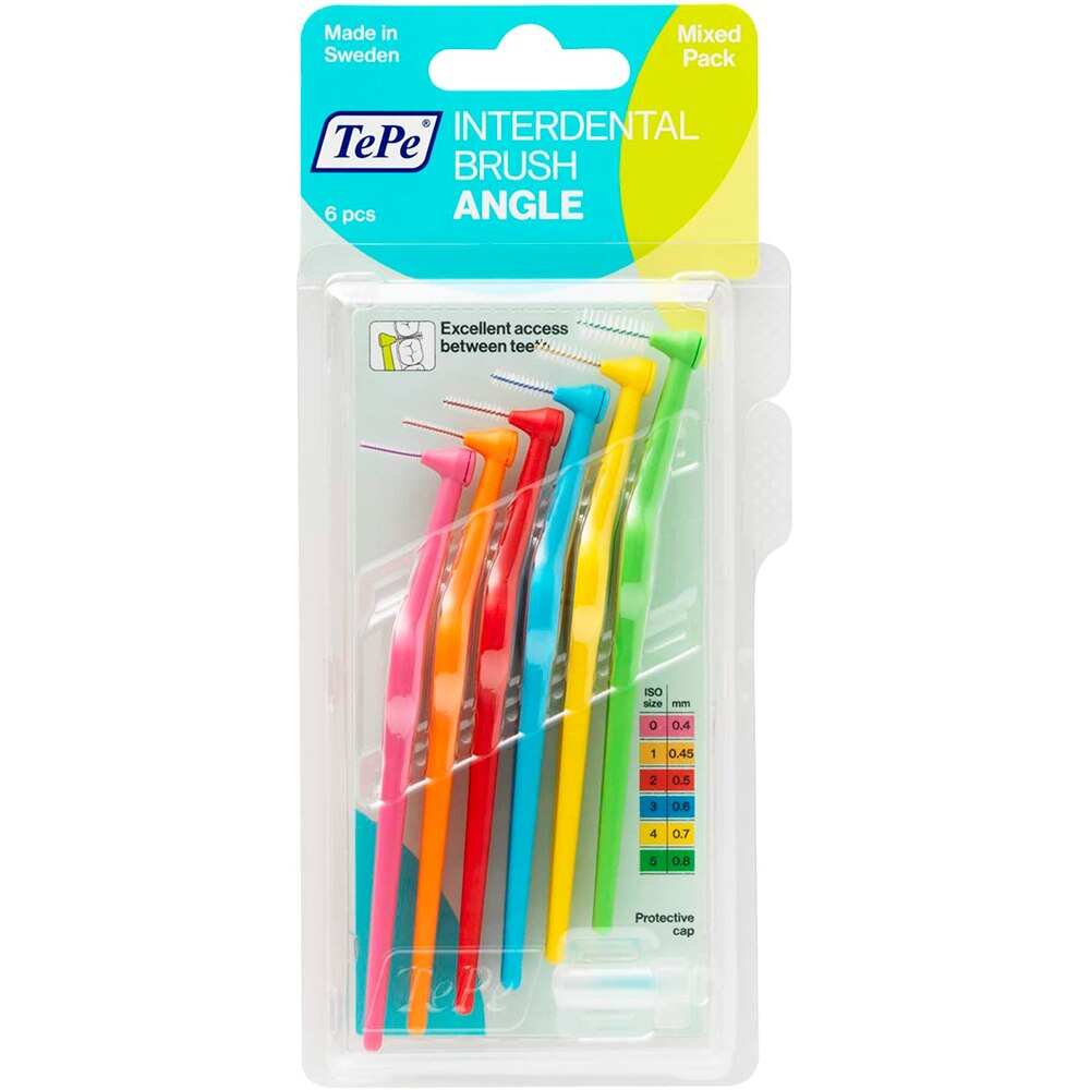 TePe Angle™ Interdental Brushes Every Size Interspace Cleaning With Long Handle Between Teeth Braces Toothbrush 6 Brushes: Mix