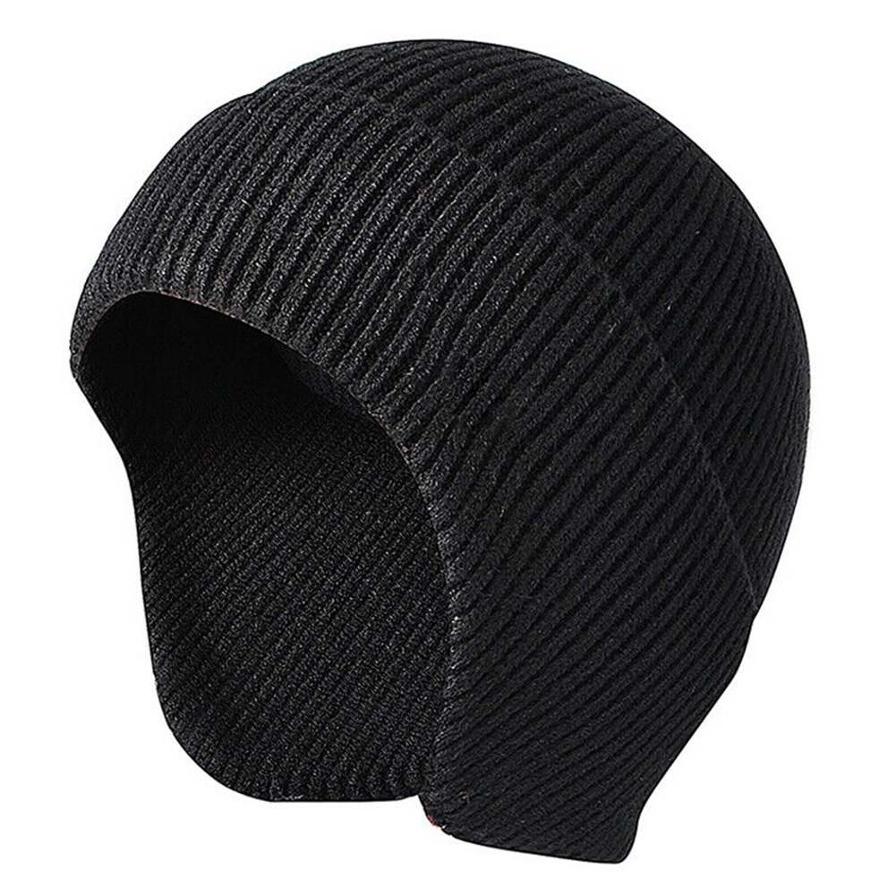 Mænd kvinder efterår afslappet vinter varm blød beanie øreklap strik hue studerende arbejde ski udendørs stretch solid: Sort