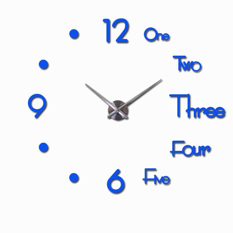 3D DIY Large Wall Clock Modern Silent Wall Sticker Clock Acrylic Mirror Self adhesive Wall Clocks Living Room Home Decor: Blue