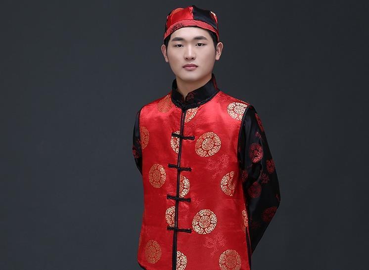 Mens Chinese Traditional Wedding Dress Clothing Set Vest + Robe + Hat Groom Toastmaster Clothing Tang Suit Costume For Men