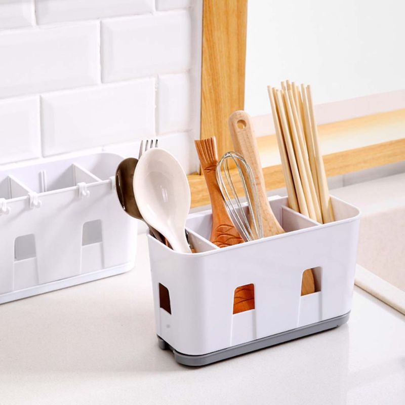 Wall Mounted Cutlery Drainer Rack with Drip Tray Utensils Organizer Spoon Fork Chopsticks Holder Caddy Kitchen Gadget Storage