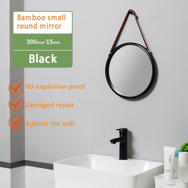 Espejo de pared redondo colgante para baño, marco de bambú sólido y correa de cuero ajustable, decoración de dormitorio, espejo redondo de maquillaje