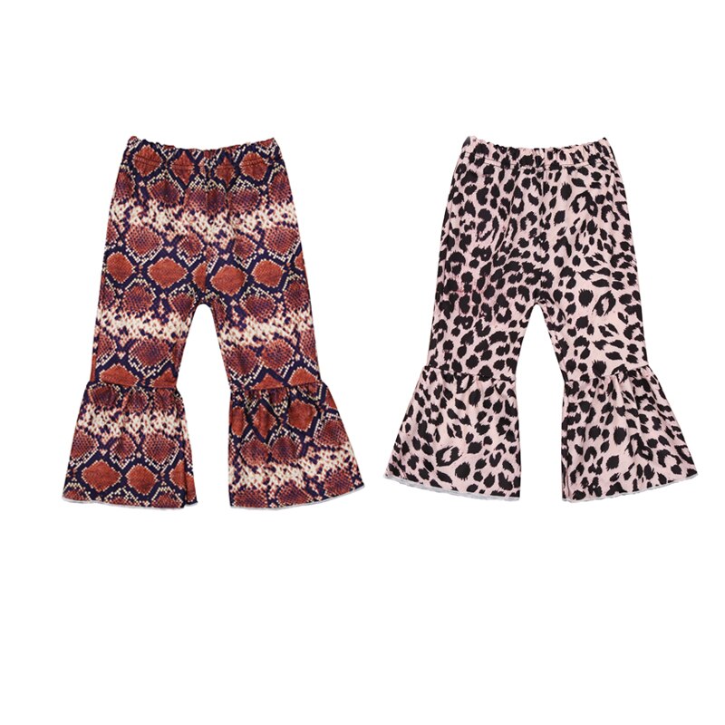 Kinder flare broek voor babymeisjes, kinder trompet ruches slangenpatroon luipaardprint broek voor peuters babykleding