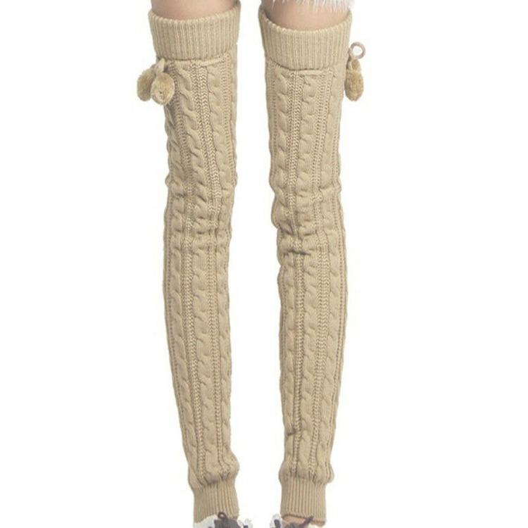 Beenwarmers dames overknee warme gebreide sokken lange laarsmanchetten beenwarmer met pluche bal gebreide beenwarmers japans: Khaki