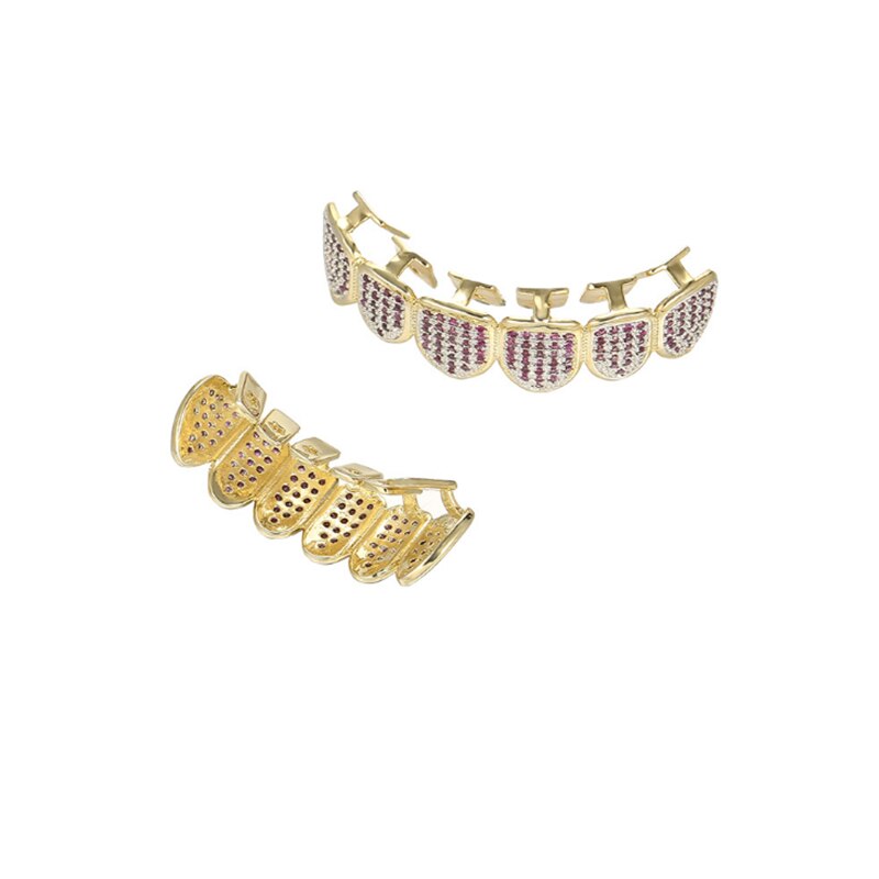 oDomi Grillz Set - Rose Gold Color Hip Hop Fang Caps - Zirconia Top & Bottom - Men's Body Jewelry
