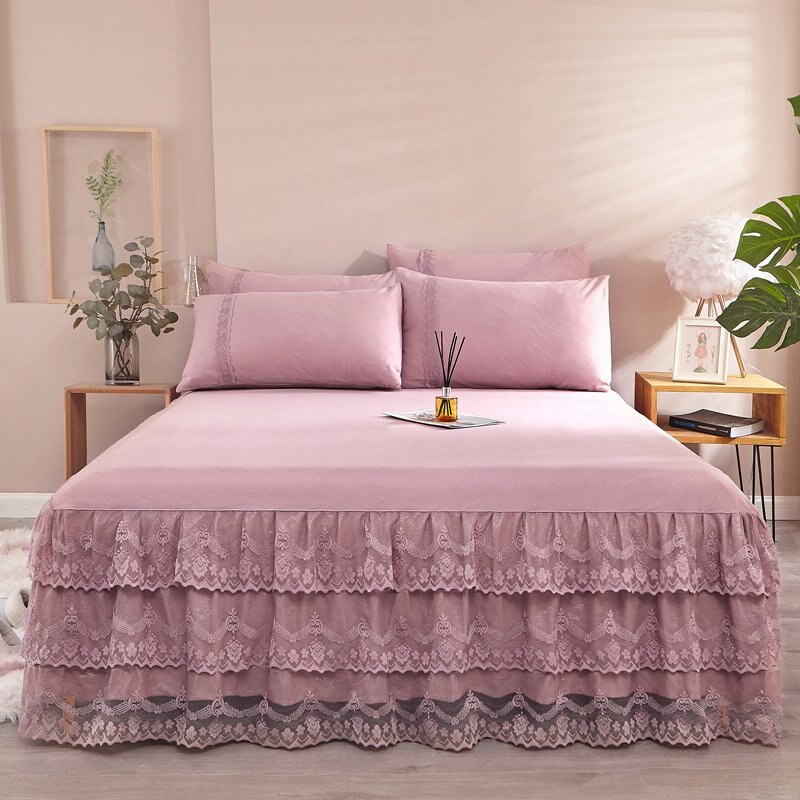 3 stk/sæt pink beige romantisk prinsesse sengeskørt trelags blonde sengetøj madrasbetræk dobbelt enkelt boligtekstil 1.5/1.8/2m: Dousha / 180 by 200 cm 3 stk