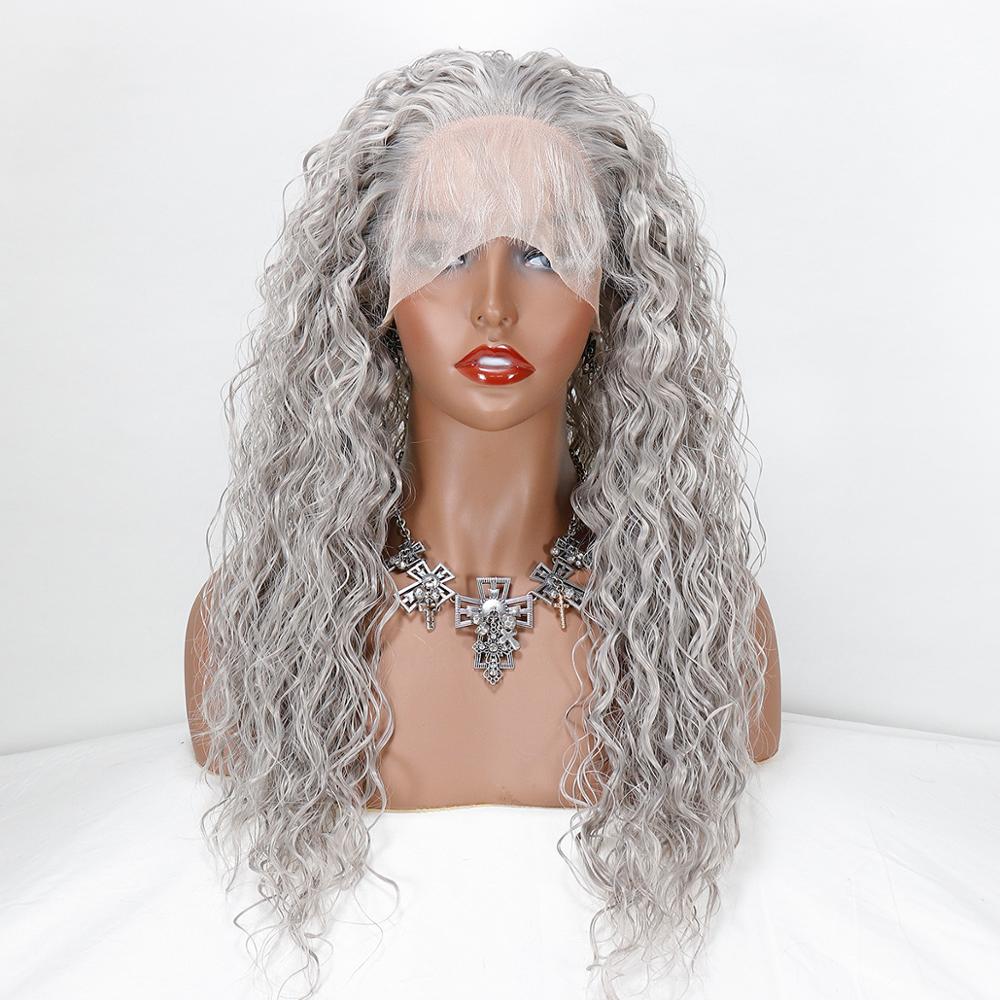 Loose Curly Gray Heat Resistant Fiber Silver Grey Synthetic Lace Front Wig For Women Replacement Wig With Baby Hair