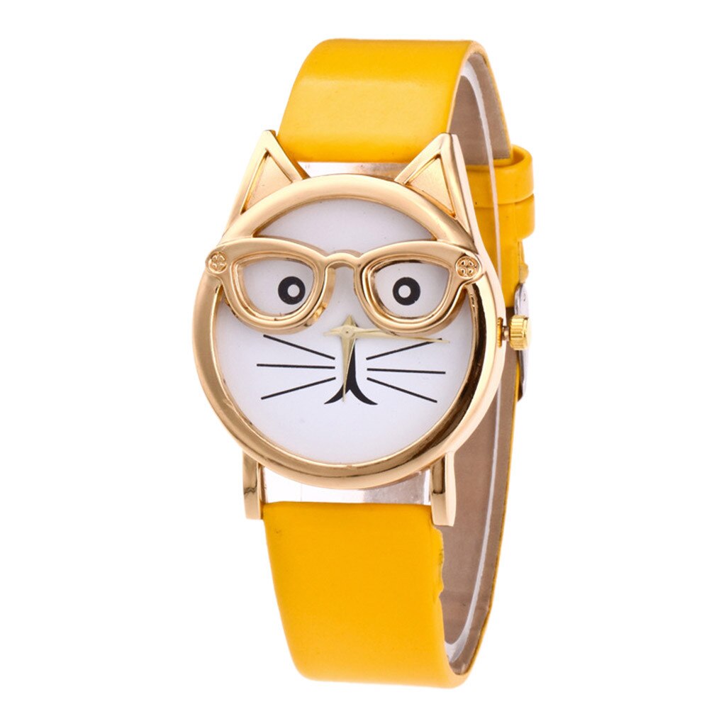 Casual Lovely Cat With Glasses Strap Dial Women's Quartz Watch часы женские horloge dames zegarki damskie: Yellow 