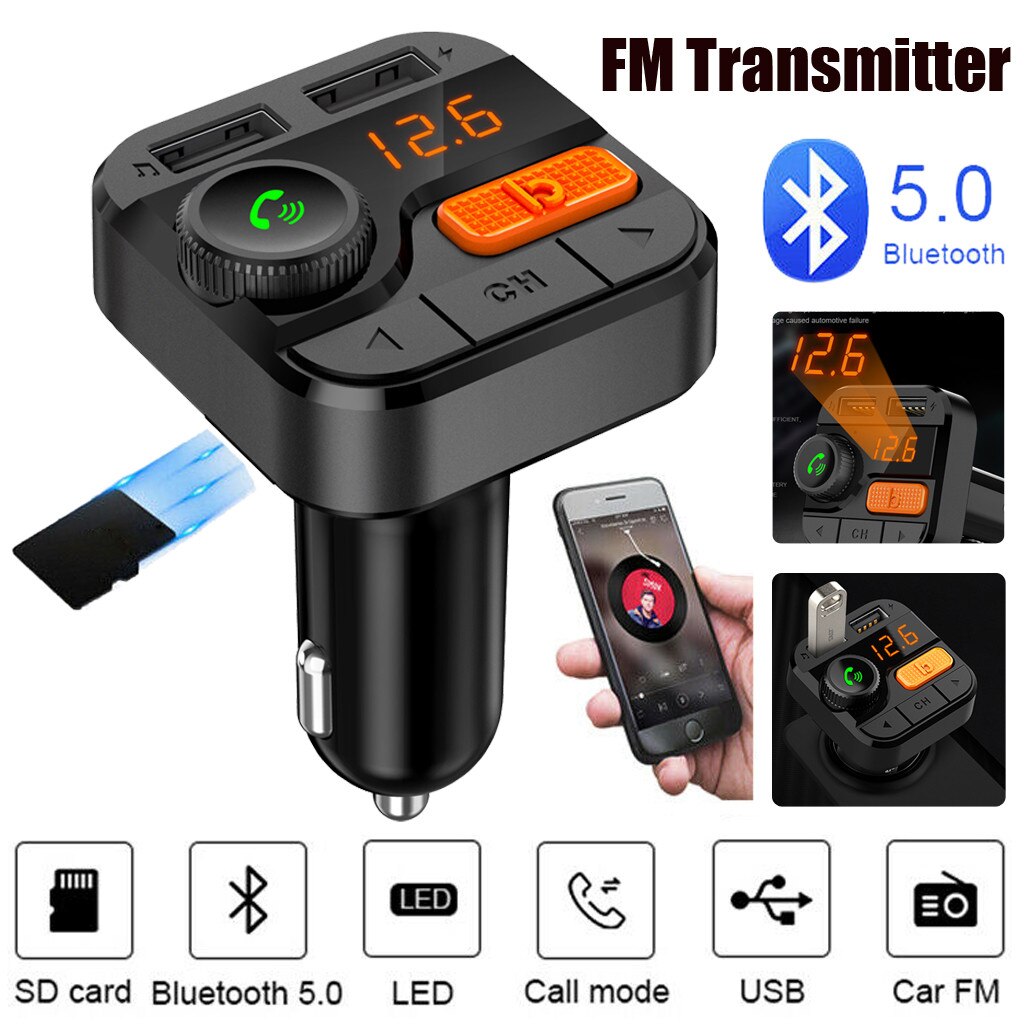 5.0 Auto Fm-zender Aux Bluetooth Bass Fm-zender Usb Radio Adapter Oplader Mp3 Speler Bluetooth Voor Auto