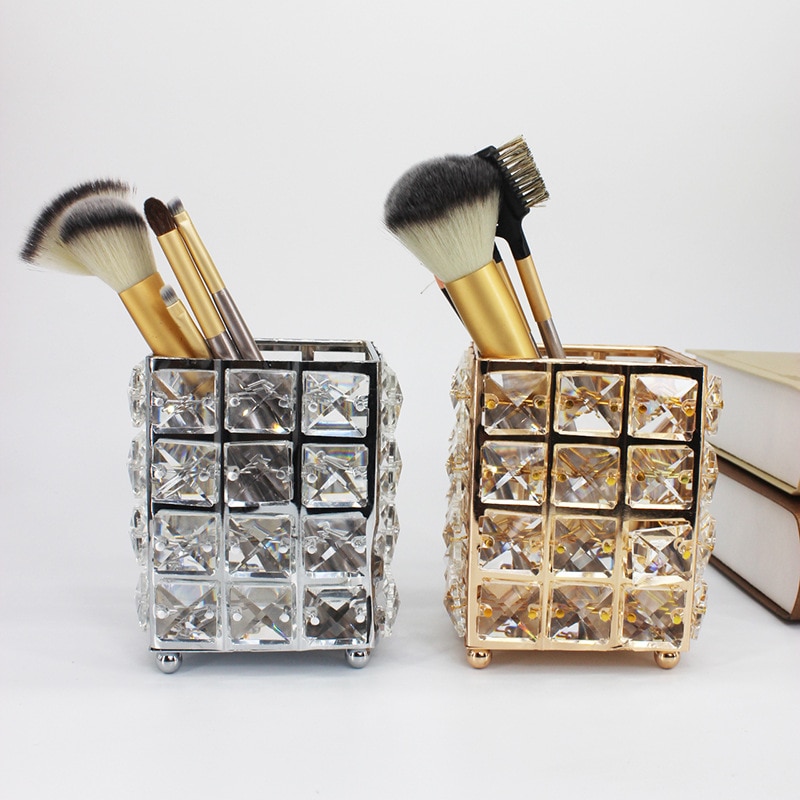 Cubo de cristal para brochas de maquillaje, bote de almacenamiento de cosméticos para el hogar, florero de lápiz, 120x100mm, dorado y plateado