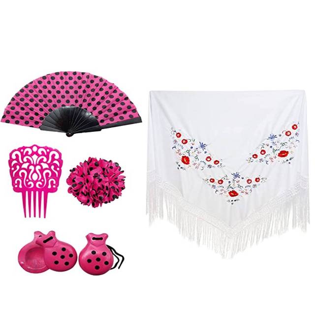 Accesorios Mantilla de Flamenca para Mujer, Disfraces de Sevillana para de Abril Feria, Pack Completo Accesorios: Fucsia