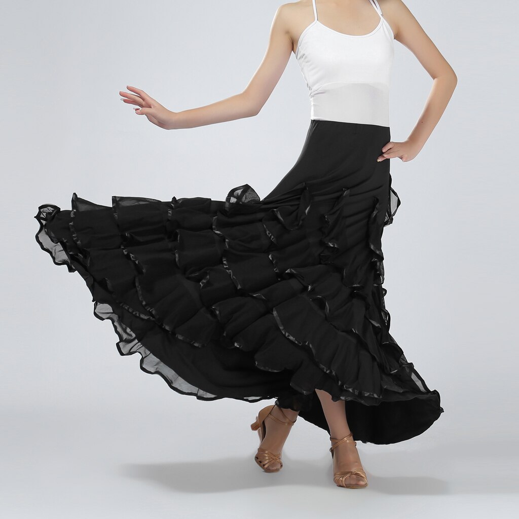 Long Skirt Big Swing Modern Standard Dance Costume for Lady Ballroom Flamenco: Black