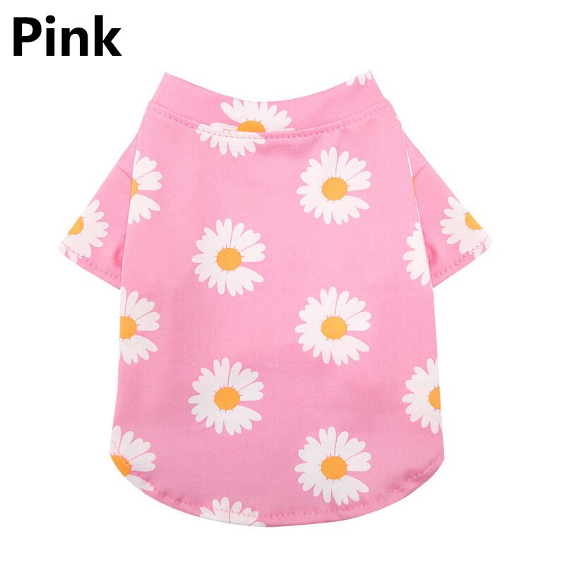 Summer Pet Dog Cotton T Shirt Overalls Daisy Print Pet Clothes Outfit For Small Dogs Soft Leisure Clothes For Puppy: Pink / S
